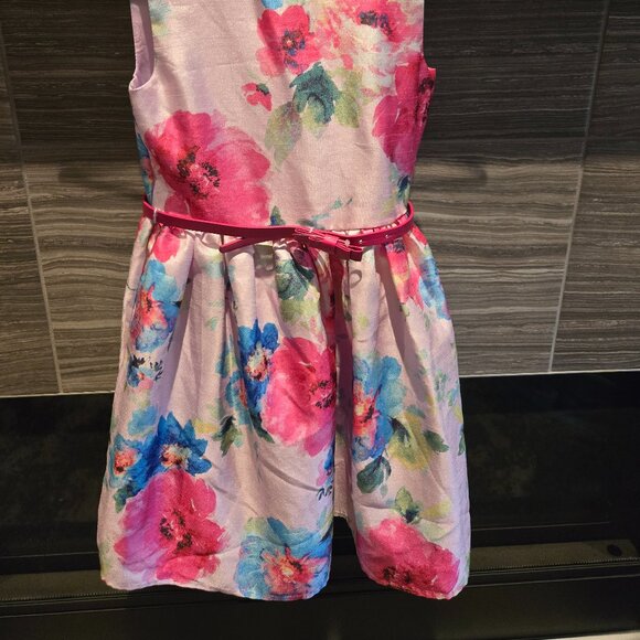 George Girls Size 6 Pink Floral Satin Party Dress Sleeveless Sash Belt - Picture 2 of 2